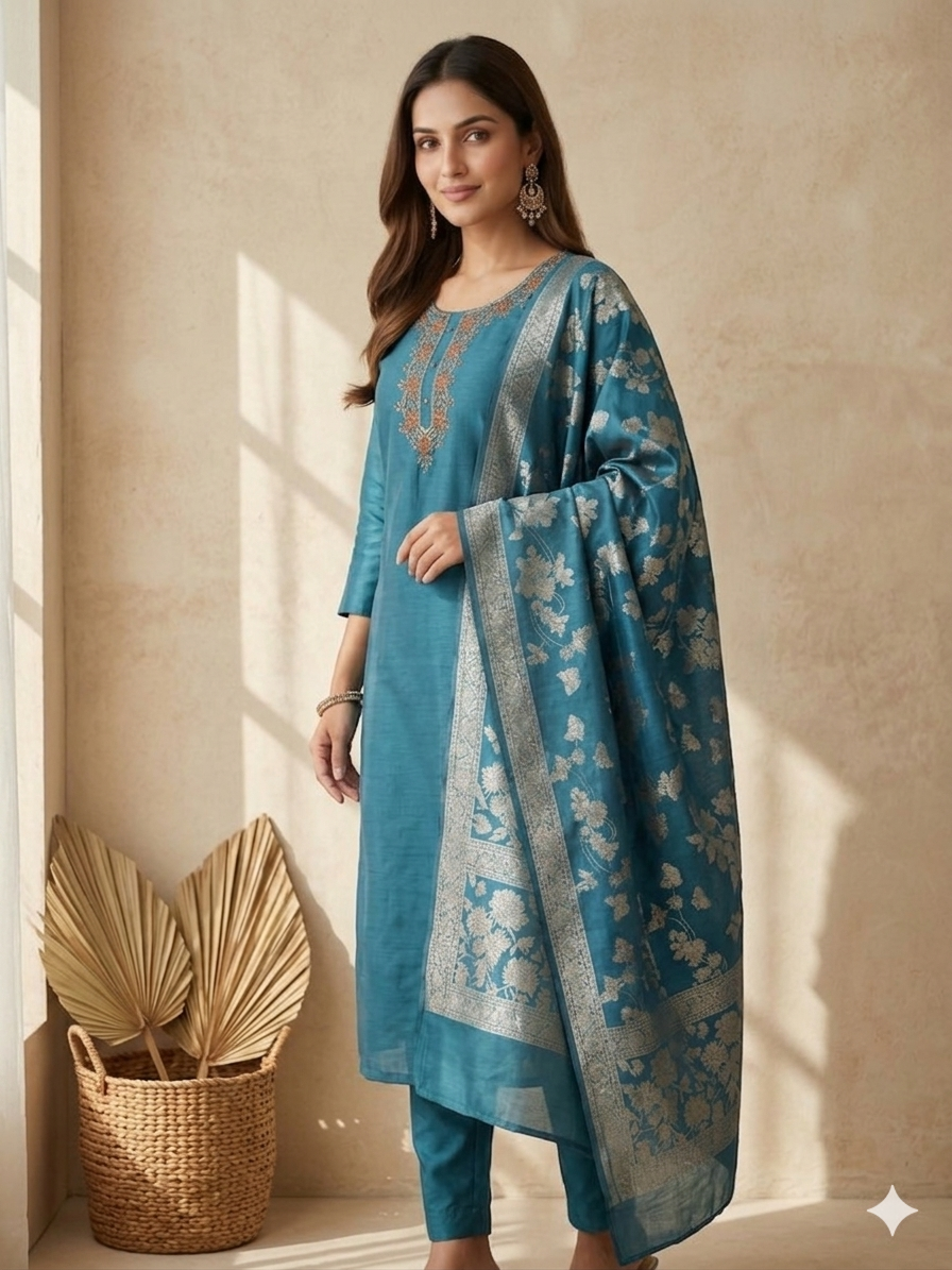 Inaayalina Navy Blue Premium Silk Kurta Set with Banarasi Dupatta